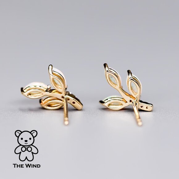 Olive Branch Leaf Design Australian Solid Opal Diamond Stud Earrings 14K Yellow - Picture 3 of 7